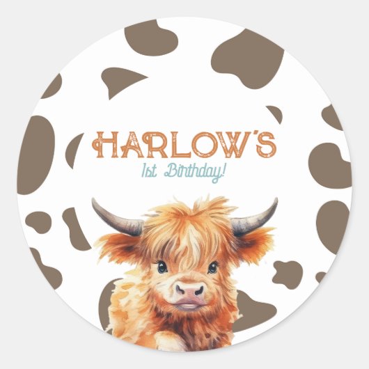 Sticker Rond Highland Cow Ma première fête d'anniversaire de ro (Devant)