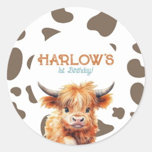 Sticker Rond Highland Cow Ma première fête d'anniversaire de ro