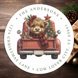 Sticker Rond Highland Cow Red Truck Christmas Adresse de retour