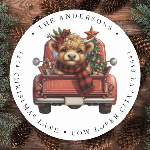 Sticker Rond Highland Cow Red Truck Cute Holiday Adresse de ret