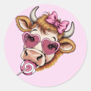 Sticker Rond Highland Cow Valentine Coquette Saint-Valentin