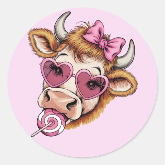 Sticker Rond Highland Cow Valentine Coquette Saint-Valentin (Devant)