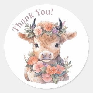 Sticker Rond Highland vache fleurie boho fête en faveur autocol