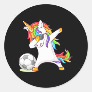 Sticker Rond Hilarious Dabbing Unicorn Kicking a Soccer Ball