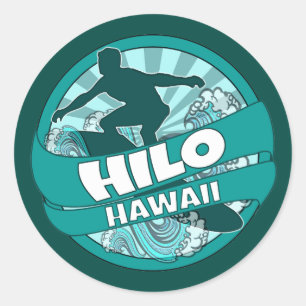 Sticker Rond Hilo Hawaii logo turquoise surfer