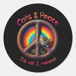 Sticker Rond Hippie Tie Dye Amoureux de les chats signe de paix