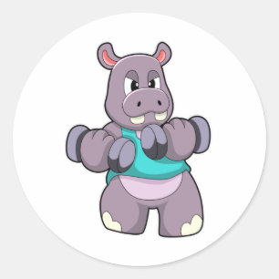 Sticker Rond Hippo à Bodybuilding avec Dumbbells