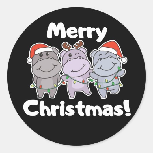 Sticker Rond Hippo Animaux de Noël mignons Hippopotames Joyeux  (Devant)