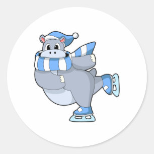 Sticker Rond Hippo au patinage sur glace avec patins sur glace