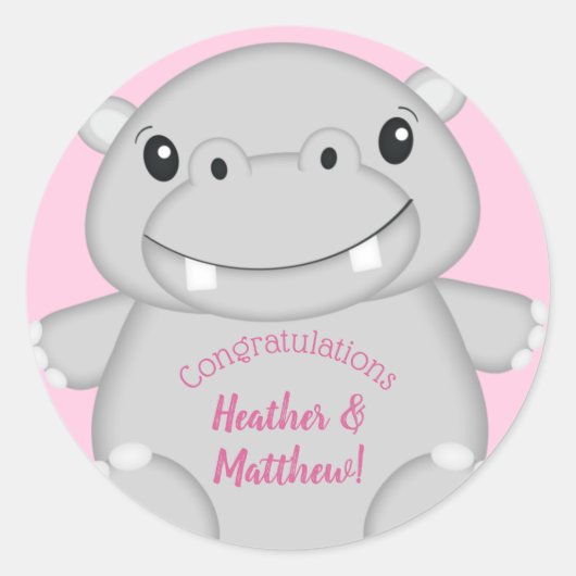 Sticker Rond Hippo Baby shower rose (Devant)