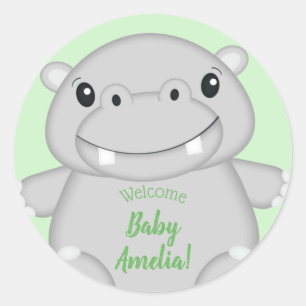 Sticker Rond Hippo Baby shower vert