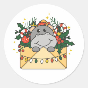 Sticker Rond Hippo Christmas Letter Winter Animals Hippos
