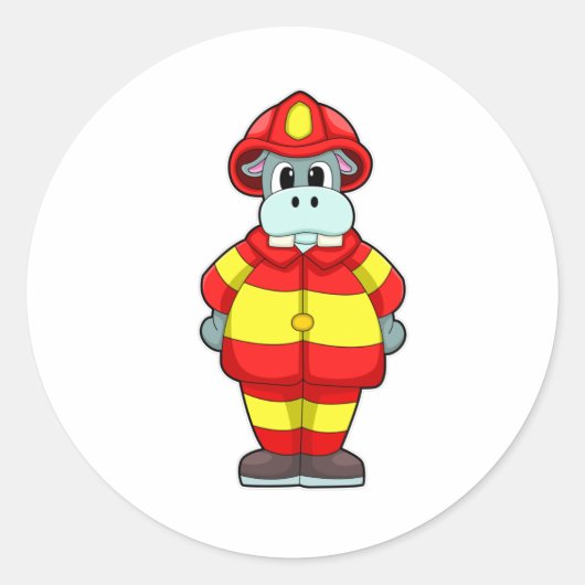 Sticker Rond Hippo comme pompier au service des incendies avec  (Devant)
