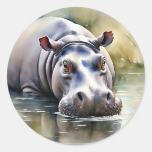 Sticker Rond Hippo de l'aquarelle de la faune