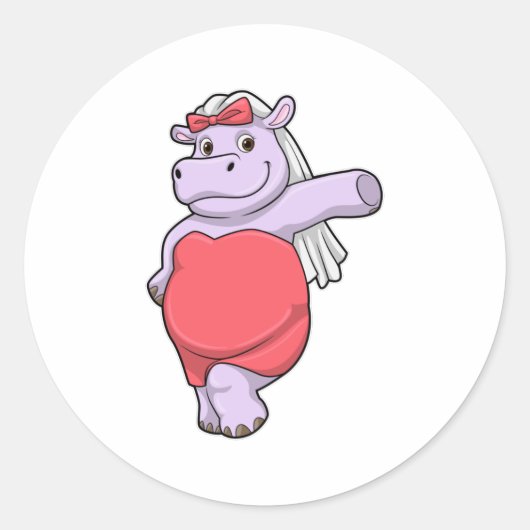 Sticker Rond Hippo en mariée avec Voile & Bow (Devant)