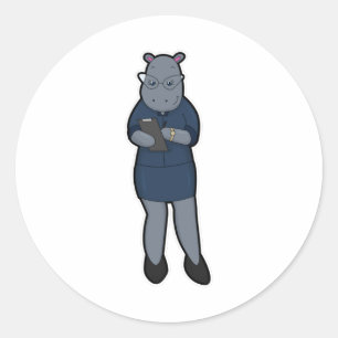 Sticker Rond Hippo en tant que secrétaire avec Bloc-notes et st