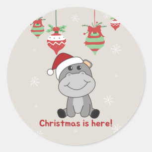 Sticker Rond Hippo Joyeux Noël Animaux d'hiver Hippopotames Cla