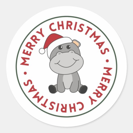 Sticker Rond Hippo Joyeux Noël Animaux d'hiver Hippopotames Cla (Devant)
