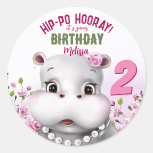 Sticker Rond Hippo rose florale fille anniversaire