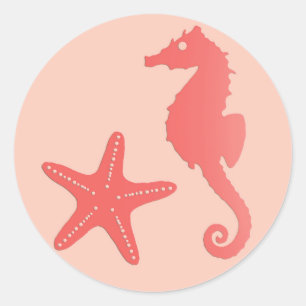 Sticker Rond Hippocampe et poisson-cétacés, Coral Orange