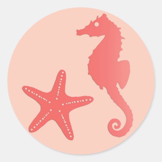 Sticker Rond Hippocampe et poisson-cétacés, Coral Orange (Devant)