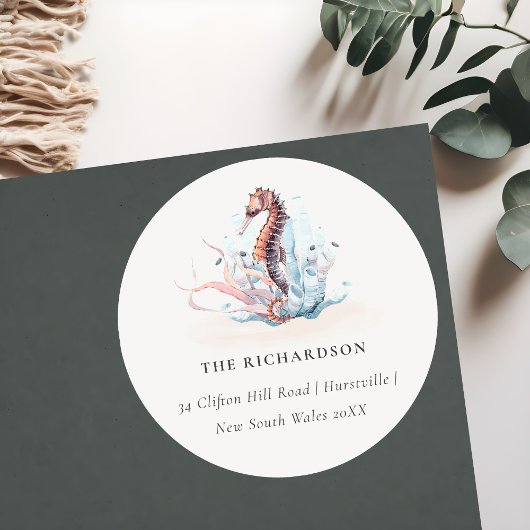 Sticker Rond Hippocampe sous-marin Algues Corail Adresse