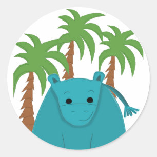 Sticker Rond Hippopotame avec palmiers