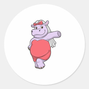 Sticker Rond Hippopotame en mariée avec voile et nœud