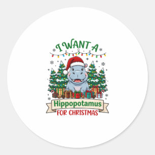 Sticker Rond Hippopotame Noël Hippo Chapeau de Père Noël Arbres