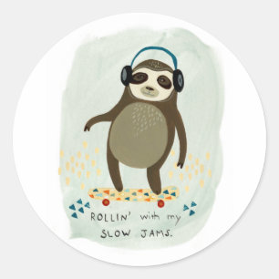 Sticker Rond Hipster Sloth   Rollin' Avec Mes Jams Lents