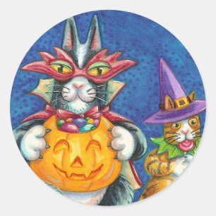 STICKER ROND HISS N'FITZ CHATS, TRICK OU TRAITER FUNNY HALLOWEE