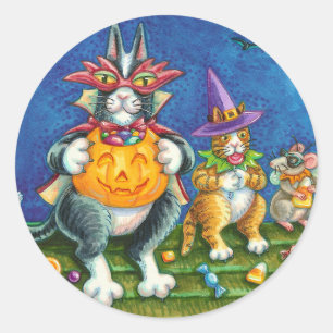 STICKER ROND HISS N'FITZ CHATS, TRICK OU TRAITER FUNNY HALLOWEE