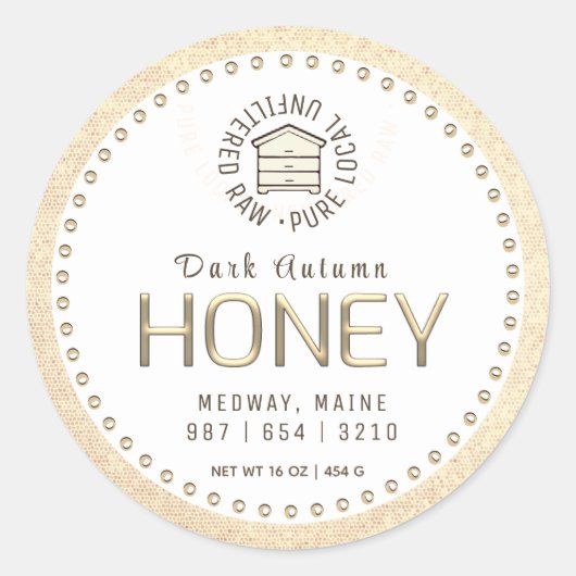 Sticker Rond Hive Miel Or Texte 3D Ruche Locale (Devant)