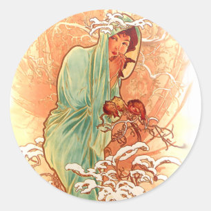 Sticker Rond Hiver - Alphonse Mucha Art Nouveau