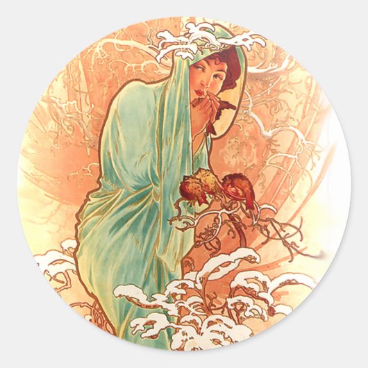 Sticker Rond Hiver - Alphonse Mucha Art Nouveau (Devant)