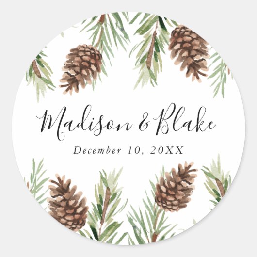 Sticker Rond Hiver Aquarelle Pine Cône Mariage (Devant)