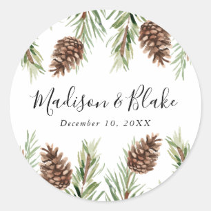 Sticker Rond Hiver Aquarelle Pine Cône Mariage