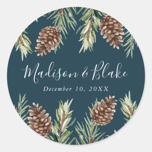 Sticker Rond Hiver Aquarelle Pine Cone Mariage de la marine (Devant)