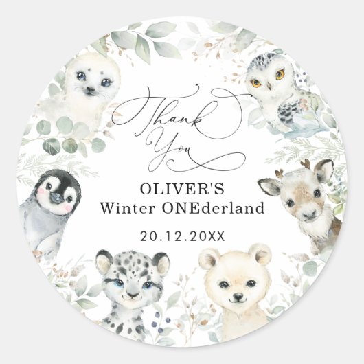 Sticker Rond Hiver Arctic Animaux Forêt de neige 1er anniversai (Devant)