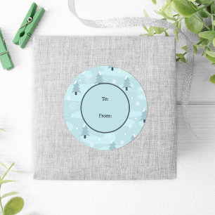 Sticker Rond Hiver Bleu Arbres neige Pastel Noël