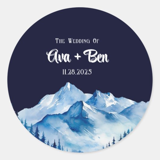 Sticker Rond Hiver Bleu Blanc Snowy Mountains Mariage (Devant)