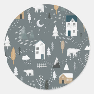 Sticker Rond Hiver bleu gris cosy dans un village nordique