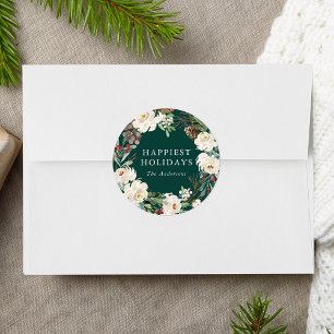 Sticker Rond Hiver Floral Wreath Green Fêtes Personnalisées