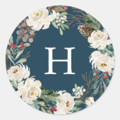 Sticker Rond Hiver Floral Wreath Marine Monogram Holiday (Devant)