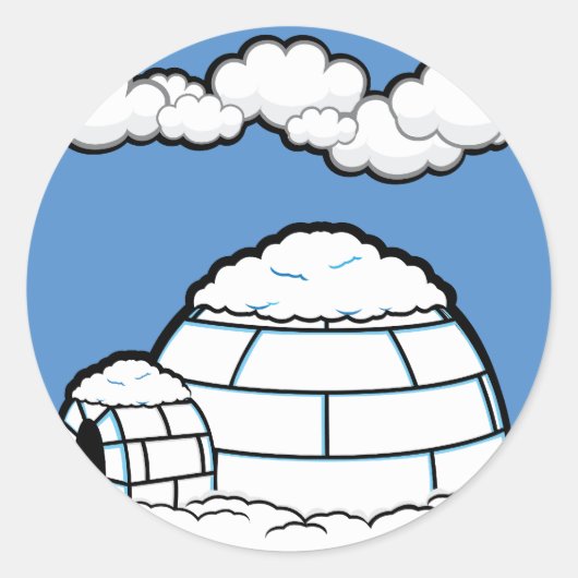 STICKER ROND HIVER IGLOO NEIGE BLEU SKY WHITE CLOUDS CARTOON (Devant)