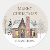 Sticker Rond Hiver Neige Maison Pine Arbre Joyeux Noël Nom (Devant)
