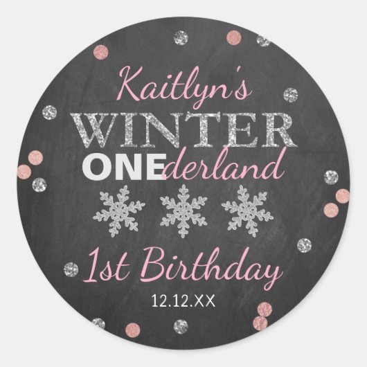 Sticker Rond Hiver ONE derland Chalkboard 1er anniversaire (Devant)