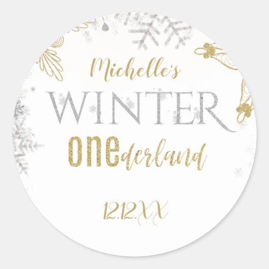 Sticker Rond Hiver Onederland Anniversaire Silver Gold Snowflak (Devant)