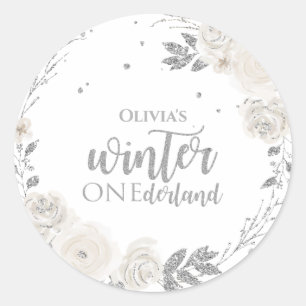 Sticker Rond Hiver Onederland Parties scintillant d'argent Flor