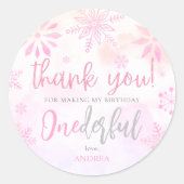 Sticker Rond Hiver ONEderland Pink Snowflake MerciAnniversaire (Devant)